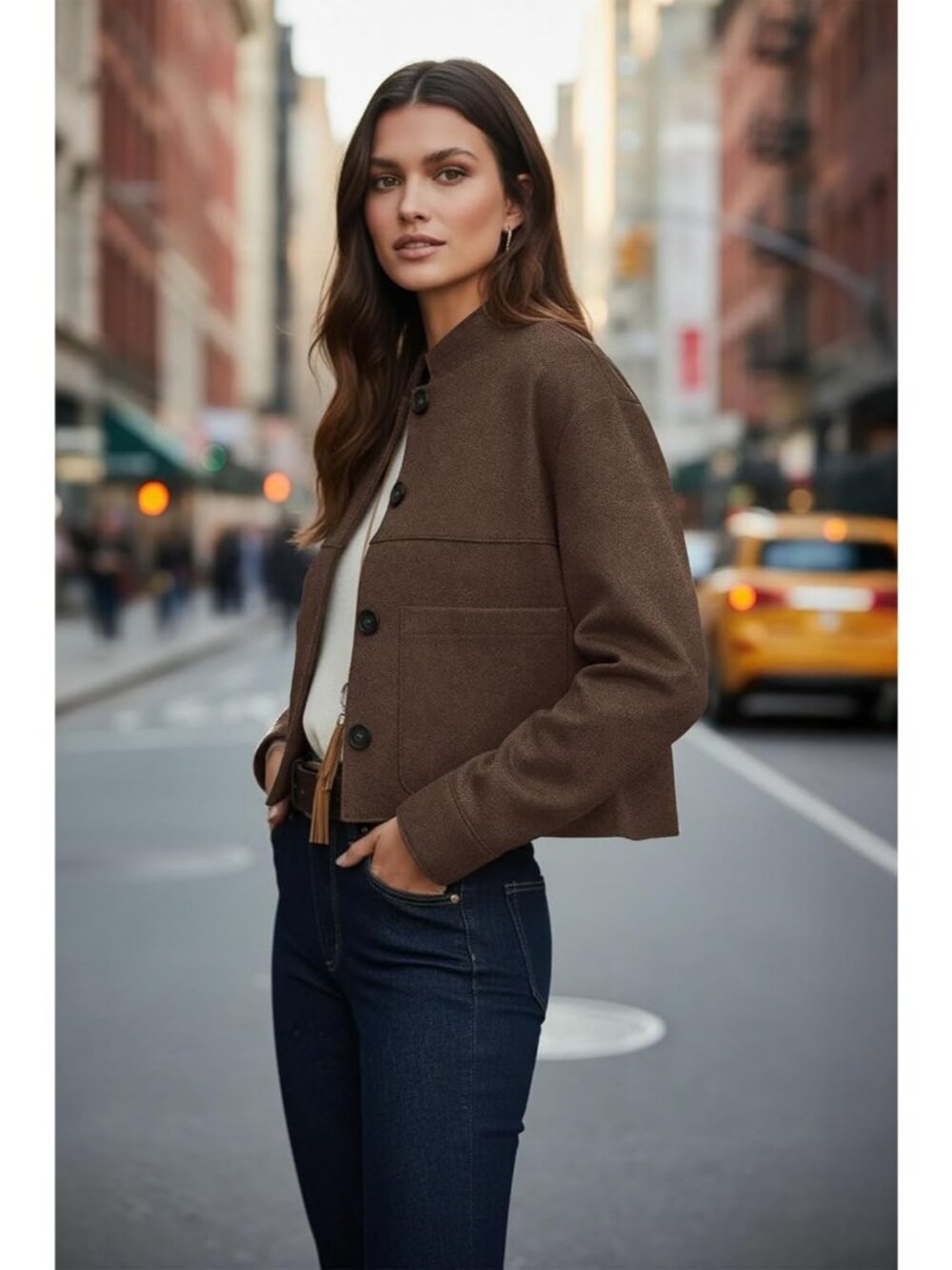 Women's Coffee Chic Faux Suede Oversized Button-Down Cropped Motorcycle Jacket - Picture 4 of 5